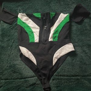 Black and green off shoulder bodysuit